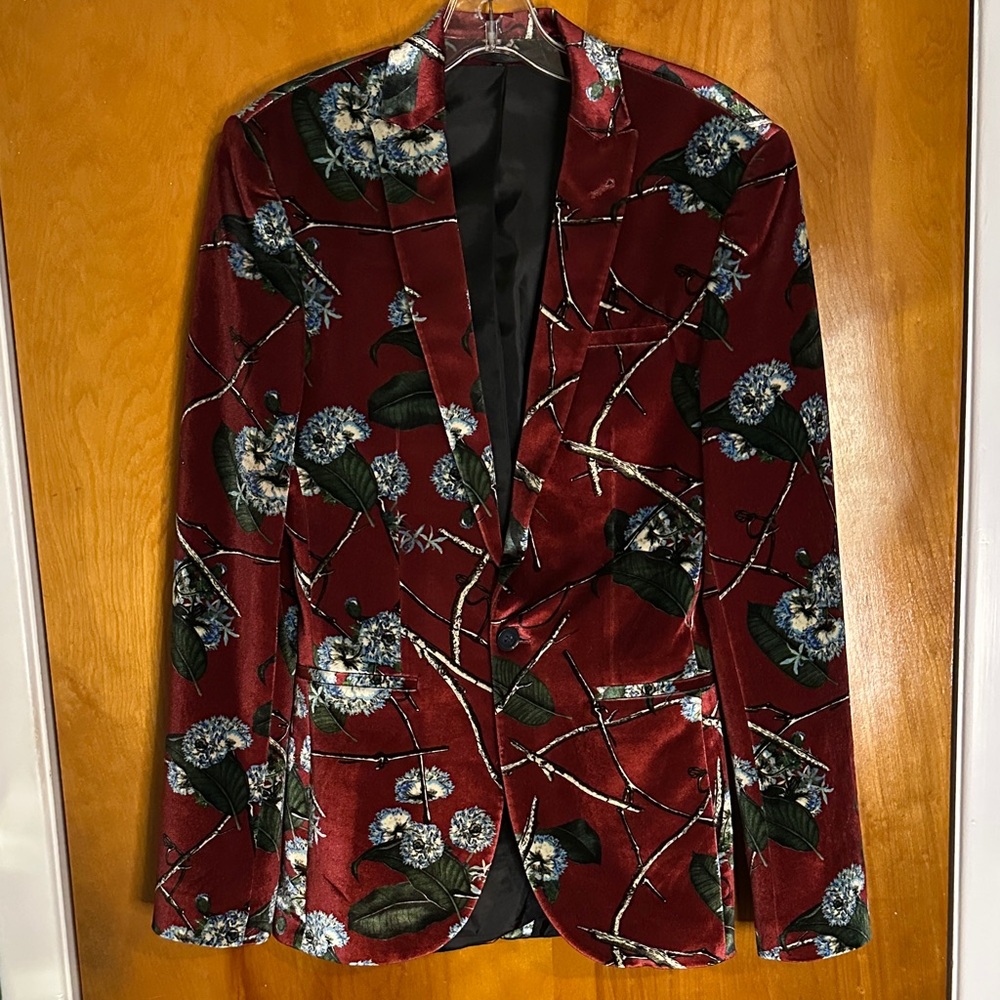 ASOS Deep Red Floral Velvet Blazer